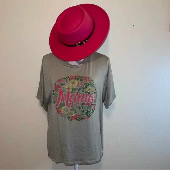 Green & Pink “Mama” Floral Botanical Leaf Graphic Short Sleeve Tee Shirt - Picture 4 of 11
